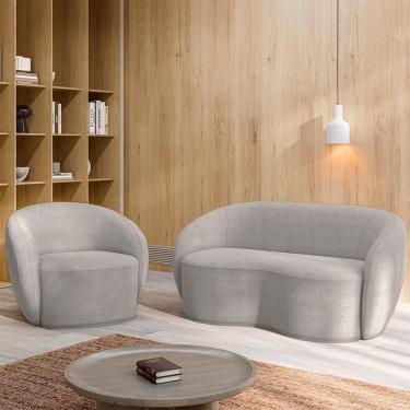 Imagem de Conjunto 1 Sofá Living 180cm e 1 Poltrona Decorativa Sala de Estar Íbis Encosto Fixo Bouclê  Cinza G33 - Gran Belo
