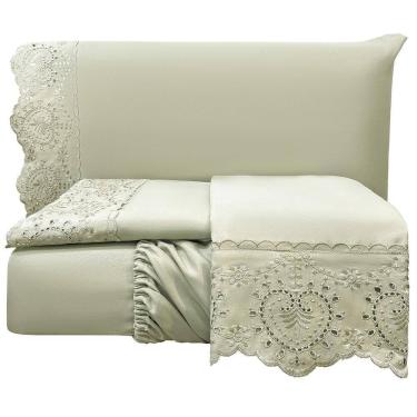 Imagem de Jogo Cama Lençol King Nupcial Percal 300 Fios 4 Peças - Bege