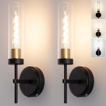 Imagem de Arandelas de parede, arandela operada por bateria de 8000 mAh, preta, carga rápida, resistência, 100 horas, infinitamente regulável, 2 lâmpadas de temperatura de cores com controle remoto, luzes de