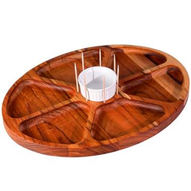 Imagem de Petisqueira Oval de Madeira Teca Premium com 6 Repartições, Furação para Palitos e Ramequin (40ml) | Tábua para Frios, Petiscos e Molhos | 31,5cm x 23,5cm