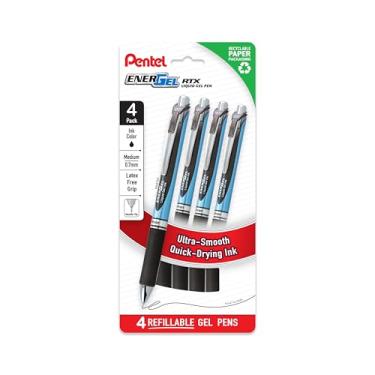 Imagem de Pentel Caneta de gel líquido EnerGel RTX, média (0,7 mm), tinta preta, sem plástico, pacote com 4 (BLN77PF4A)