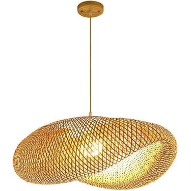 Imagem de Lustre De Fazenda Luminária Pendente De Tecido Costeiro Natural De Vime De Bambu Lâmpada Suspensa Sala De Jantar Rústica Lâmpada De Teto De Tecelagem Interna, 23.6in