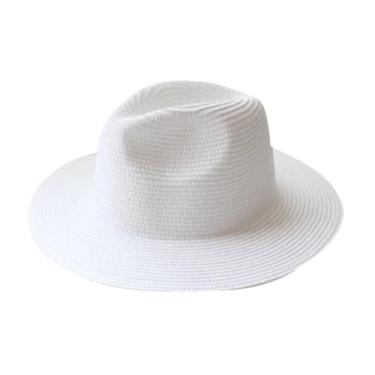 Imagem de Chapéu de palha Panamá de verão masculino e feminino, aba larga, proteção UV, Fedora, chapéu de sol branco sólido 56-58 cm