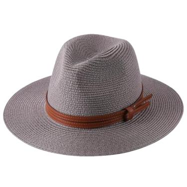 Imagem de Chapéu de palha Panamá de verão masculino e feminino, aba larga, proteção UV, chapéu fedora cinza 9 café 56-58 cm