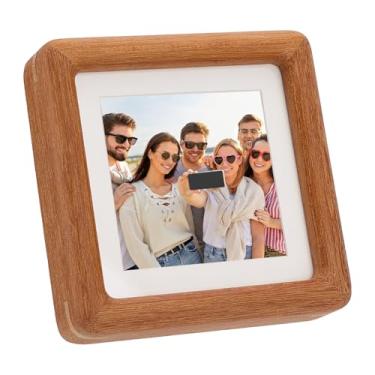 Imagem de FINGERINSPIRE Moldura quadrada de madeira, moldura de madeira teca, 10 x 10 cm, com tapete branco, canto arredondado, tela frontal acrílica, marrom claro, suporte de parede e moldura de mesa para