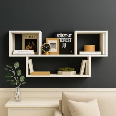 Imagem de Prateleira Decorativa suspensa 60x90x15cm MDF branco Estilo Moderno com Compartimentos para Livros e Decoração para Sala de Estar e Escritório sinanue
