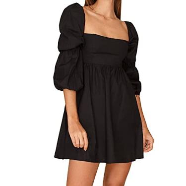 Imagem de EXLURA Vestido feminino de gola quadrada, manga bufante, evasê, casual, curto, minivestido, Preto, GG