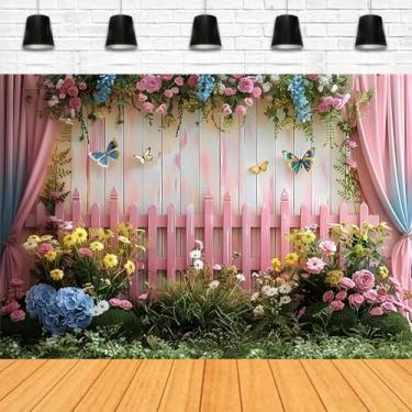 Imagem de Pano de fundo de flores coloridas de primavera rosa para fotografia, fundo de cerca de madeira, decorações de festa de aniversário, crianças, adultos, retratos ao ar livre, adereços de vinil (2,1 x
