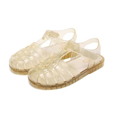 Imagem de TANDEFLY Sandálias Jelly para meninas, bico fechado, fantasia de princesa, verão, pescador, praia, sola de borracha, sandálias rasteiras para crianças pequenas e grandes, Dourado, 10.5 Little Kid