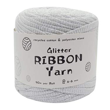 Imagem de Fita de algodão, fio de fita Outgeek multiuso glitter feito à mão fio de crochê para artesanato, Branco