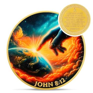 Imagem de Moeda do Desafio Cristão da Mão de Deus - João 8:12 Jesus Religious Token - Deus Pocket Bible Verses Chip for Study - Presentes comemorativos de boa sorte para homens, mulheres crianças colega de