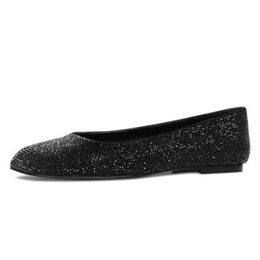Imagem de RONILURN Sapatilhas femininas strass bico quadrado glitter brilhante confortável vestido noiva sapatos de casamento feminino, Preto, 40