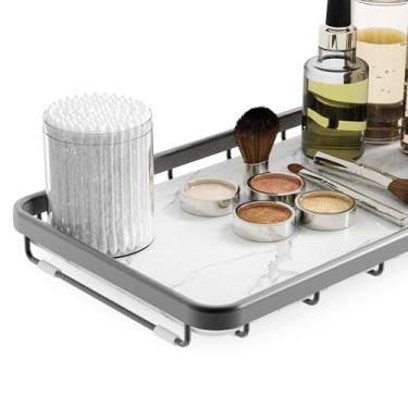 Imagem de AquaChase Organizador elegante para banheiro, cozinha ou café, prateleira de metal com mármore sintético, armazenamento de maquiagem de bancada, prateleira de exibição de perfume de cômoda, bandeja de