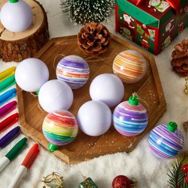 Imagem de Wettarn Decoração de árvore de Natal, enfeites de bola branca em branco com marcadores para artesanato faça você mesmo, pintura de decoração de festa de Natal, decoração de árvore compatível e caixa