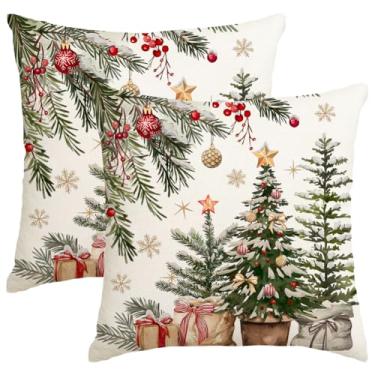 Imagem de ARGOOFG Capas de almofada de árvores de Natal 50,8 x 50,8 cm, bolas vermelhas de eucalipto, decoração ao ar livre, decoração de férias de inverno, capa de almofada para sofá de casa