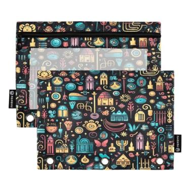 Imagem de Wassud Pacote com 2 pastas de fichário com padrão de objetos coloridos, pastas de bolso com 3 furos, organizador de fichários para casa, escritório