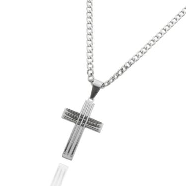 Imagem de Cordão Grumet 70cm Colar Masculino + Pingente Cruz Trabalhada Aço Inox