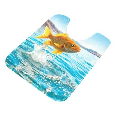 Imagem de Burbuja Tapete de banheiro Goldfish pulando fora da água, tapete de banho absorvente de pelúcia macio, base antiderrapante para piso de banheiro, oval em forma de U