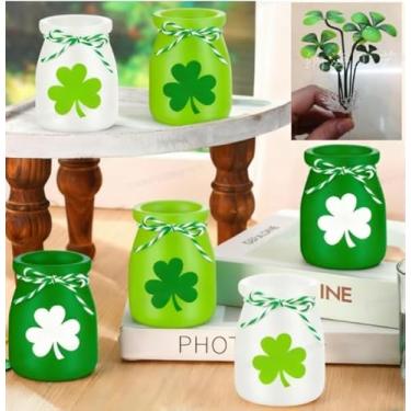 Imagem de JarThenaAMCS 6 minipotes de dia de São Patrício com 60 peças de mesa de centro de trevo verde artificial para decoração de casa de férias irlandesas, cozinha, mesa, lareira, cornija