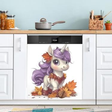 Imagem de Folhas de unicórnio outono capas de lava-louças pele magnética à prova d'água ímãs de geladeira adesivos adesivos de geladeira capa de porta completa 58 cm x 66 cm
