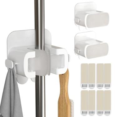Imagem de TAILI Suporte de parede para esfregão e vassoura, 3 ganchos e 8 tiras adesivas, suporte de parede para pendurar sem danos, organizador de limpeza doméstica para organização e armazenamento, comporta