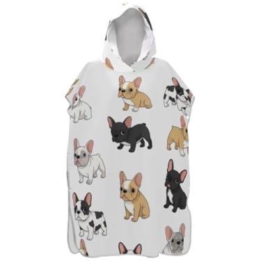 Imagem de Joisal Poncho de surfe trocador de roupão para adultos toalha de banho com capuz bonito tamanho grande bonito desenho animado buldogues ponchos de praia brancos para homens