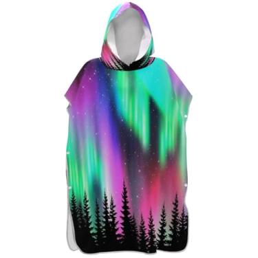 Imagem de Joisal Roupão colorido de mudança de árvore preta céu noturno para adultos, poncho de surfe, plus size, ponchos femininos com capuz, toalha de natação com capuz