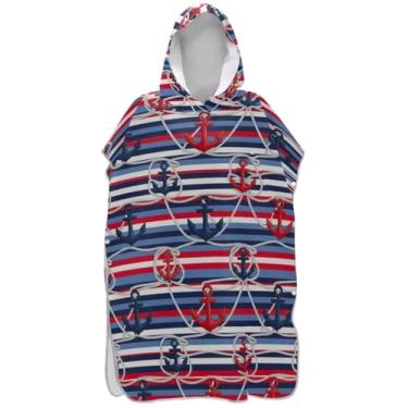 Imagem de Joisal Roupão para adultos, poncho de surfe, toalha de banho com capuz, plus size, feminino, ponchos com capuz, listras azuis vermelhas