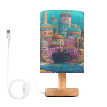 Imagem de Joisal Abajur de mesa de cabeceira pequeno de cidade subaquática mágica abajur de linho para escritório, dormitório essencial