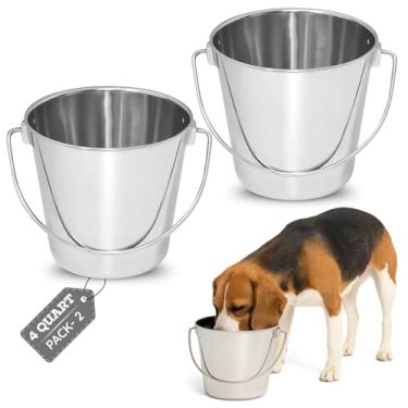 Imagem de AASPIRE PETS Balde redondo de aço inoxidável resistente de 4 litros com alça | Serve para gaiolas de canil para uso agrícola | Balde de comida e água para cães, gatos, cabras, animais de estimação |