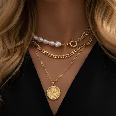 Imagem de Colar feminino em camadas, 4 peças, colar de ouro grosso, corrente de clipe de papel, pérola, espinha de peixe, gargantilha, 17.7IN, Metal, Sem Pedra Preciosa