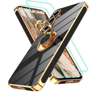 Imagem de Gritup Capa para Samsung Galaxy S24 FE | 2 peças protetoras de tela | Suporte magnético de rotação de 360°, capa protetora à prova de choque de TPU macio com borda dourada banhada a ouro para S24 FE