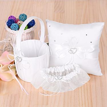 Imagem de SIWOTED 5 unidades/conjunto Suprimentos para casamento Cesta de flor de cetim com coração duplo + travesseiro porta-anel de 7 * 7 polegadas + livro de visitas + porta-caneta + (Branca)