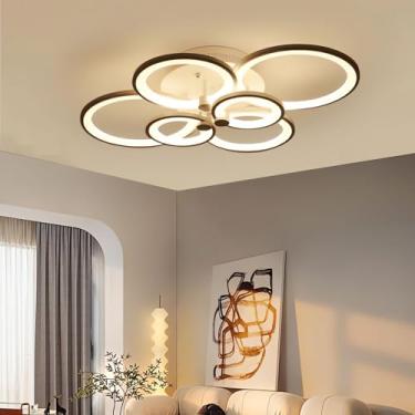 Imagem de Luminária de teto pendente moderna com 8 anéis de LED, preta, para quarto, com controle remoto, 3 cores ajustáveis, formato redondo, ideal para sala de estar, ilha de cozinha e quarto (preta