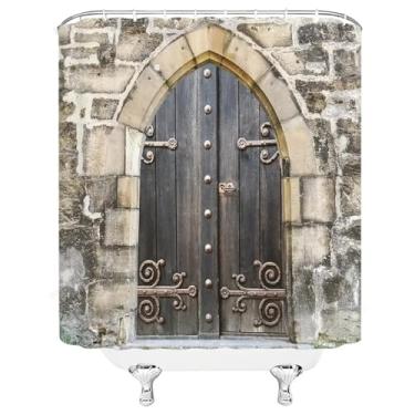 Imagem de Cortina de banho retrô de parede de tijolo para porta antiga, cortina de banho de tecido impermeável, tela de banheira estilo vintage para banheiro 183 x 214 cm/LxA, cortina de chuveiro à prova de