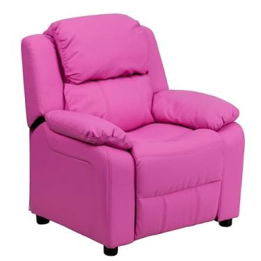 Imagem de Flash Furniture Deluxe Padded Contemporary Kids Recliner with Storage Arms, Wood, Hot Pink Vinyl, 66.04 x 53.34 x 53.34 cm
