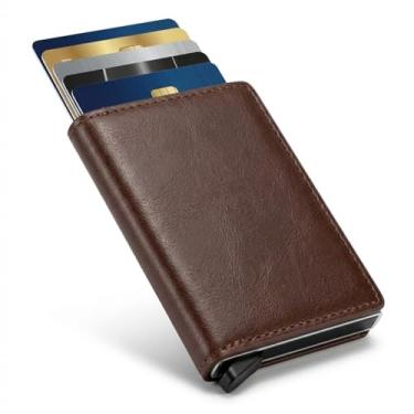 Imagem de Carteira masculina de fibra de carbono com porta-cartões pop-up com bloqueio de RFID, fina, minimalista, bolso frontal, capacidade para 9 a 14, compartimento para dinheiro, Marrom escuro, Tendência