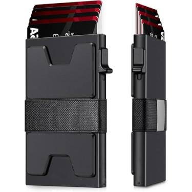 Imagem de Carteira masculina fina com porta-cartões de alumínio, com bloqueio de RFID, minimalista de metal, placa traseira expansível durável, comporta mais de 12 cartões e dinheiro, Botão preto A, Carteira
