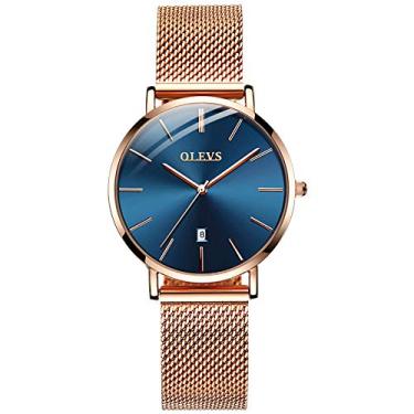 Imagem de Relógio Mulher Vestido de Luxo Rose Gold Mulher Slim Relógio Fino e Leve Relógios de malha de aço inoxidável Relógio de pulso feminino à prova d'água Relógio de pulso feminino Black