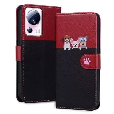 Imagem de Rnrieyta Miagon Capa para Xiaomi 13 Lite, capa de desenho animado animal cão gato bonito padrão dobrável couro PU emendado carteira flip capa protetora com compartimentos para cartões, preto