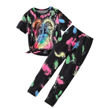 Imagem de Floerns Conjunto de camiseta feminina de manga curta estampada de 2 peças com legging, Preto, 11-12Y