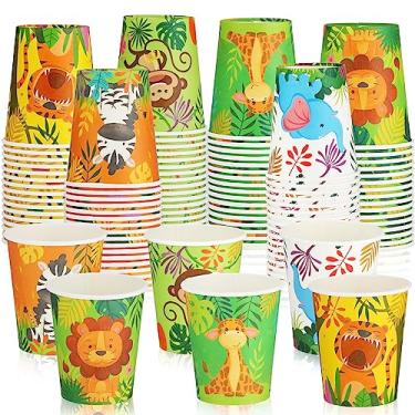 Imagem de Pacote com 100 copos de papel para animais da selva de 265 ml, copos pequenos coloridos de safári para banheiro, mini dispensador de enxaguante bucal copos descartáveis a granel para crianças, festas, piqueniques, churrascos, viagens, eventos, bebidas quentes e frias