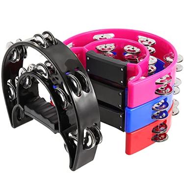 Imagem de MUKLEI Pacote com 4 pandeiros de duas fileiras de 23 cm, jingles metálicos, percussão manual com alça ergonômica, pandeiro de meia lua para presente, KTV, festa, 4 cores