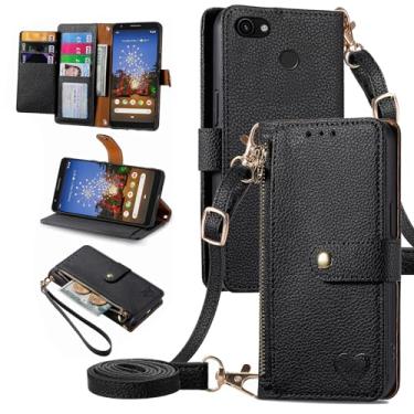 Imagem de Furiet Capa carteira para Google Pixel 3a com zíper e alça de pulso, suporte de couro PU flip fólio porta-cartões acessórios capa de celular para Pixel3a Pixle a3 mulheres meninas preto