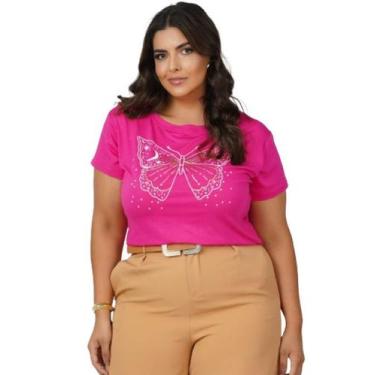Imagem de Camiseta T-Shirt Plus Size Estampado Borboleta Lua E Sol Cor Rosa Pink