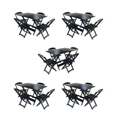 Imagem de Kit 5 Conjuntos de Mesa Dobravel com 4 Cadeiras de Madeira 120x70 para Restaurante e Bar - Preto