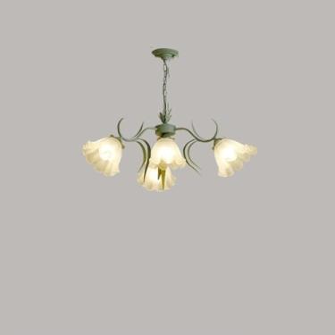 Imagem de GNYOUS Lustre nórdico delicado Sputnik chique em forma de flor verde luz pendente de altura ajustável para cozinha ilha mesa de sala de jantar