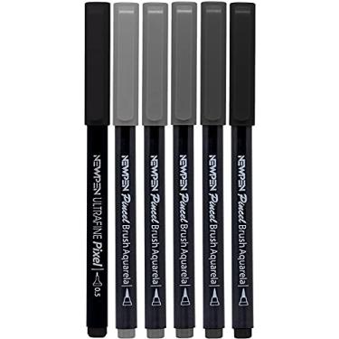 Imagem de Caneta Ponta Pincel, Newpen, Brush Pen, Tons de Cinza, 6 Cores