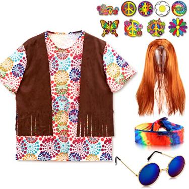 Imagem de Kathfly Conjunto de 15 peças de fantasia hippie dos anos 60 e 70 para homens e mulheres, camisa hippie com franja, colete peruca e faixa de cabeça para cosplay, Colorido., M