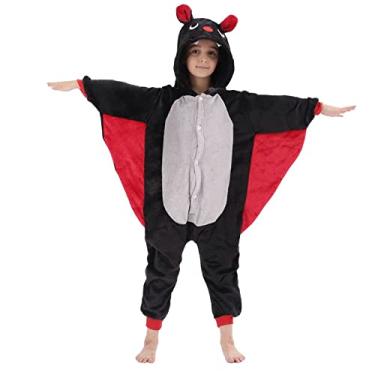 Imagem de LOBUJOU Fantasia infantil para meninos e meninas, Halloween, animal, cosplay, peça única, flanela com capuz, Morcego preto, L(for height 44-49in)